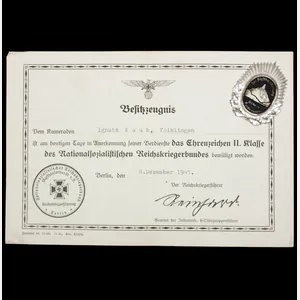 Ehrenzeichen II. Klasse des Nationalsozialistischen Reichskrigerbundes + citation