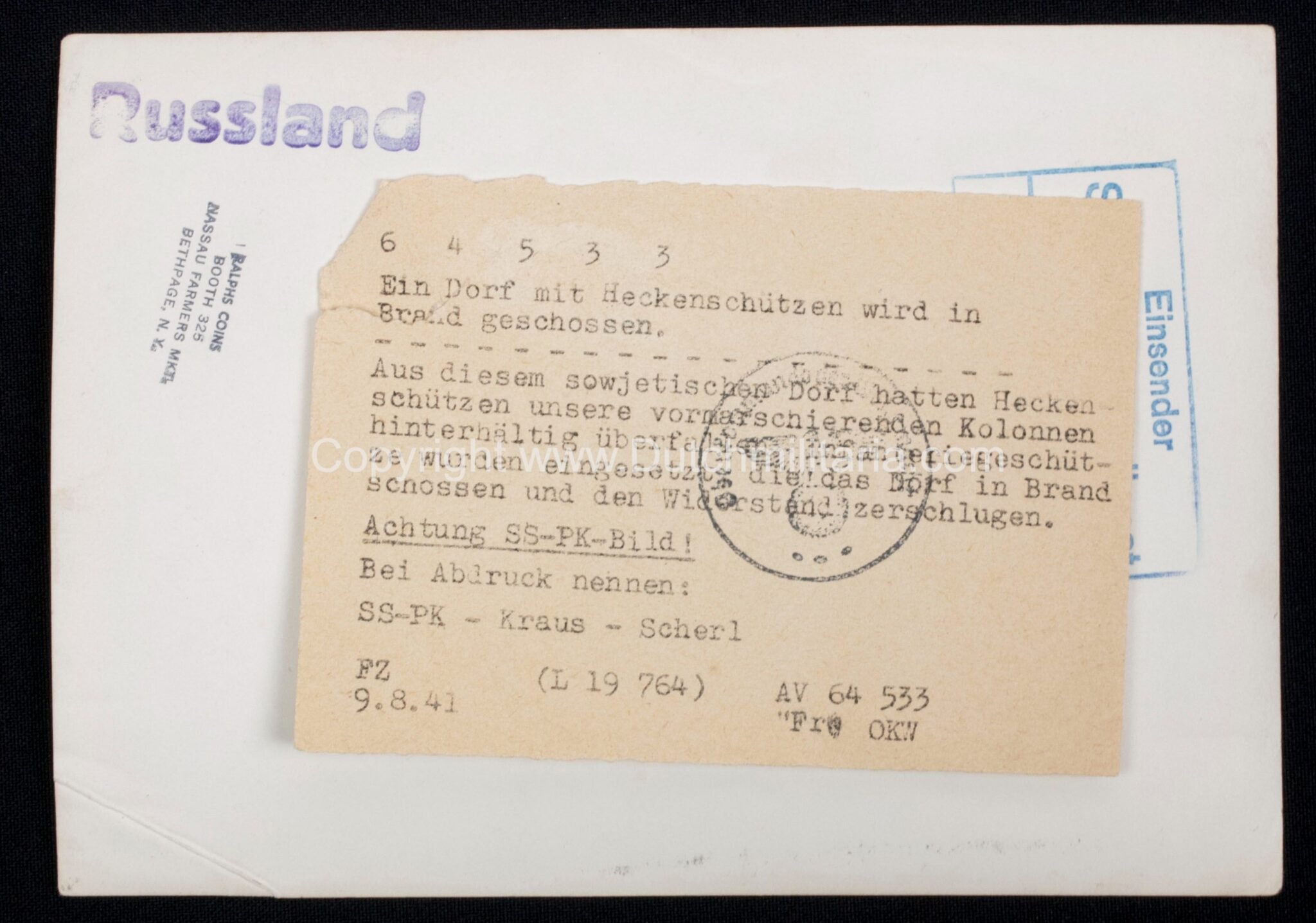 (Pressphoto) SS 'Ein Dorf mit Heckenschützen wird in Brand geschossen' (18,5 x 13 cm) (1941) – rare — image 3