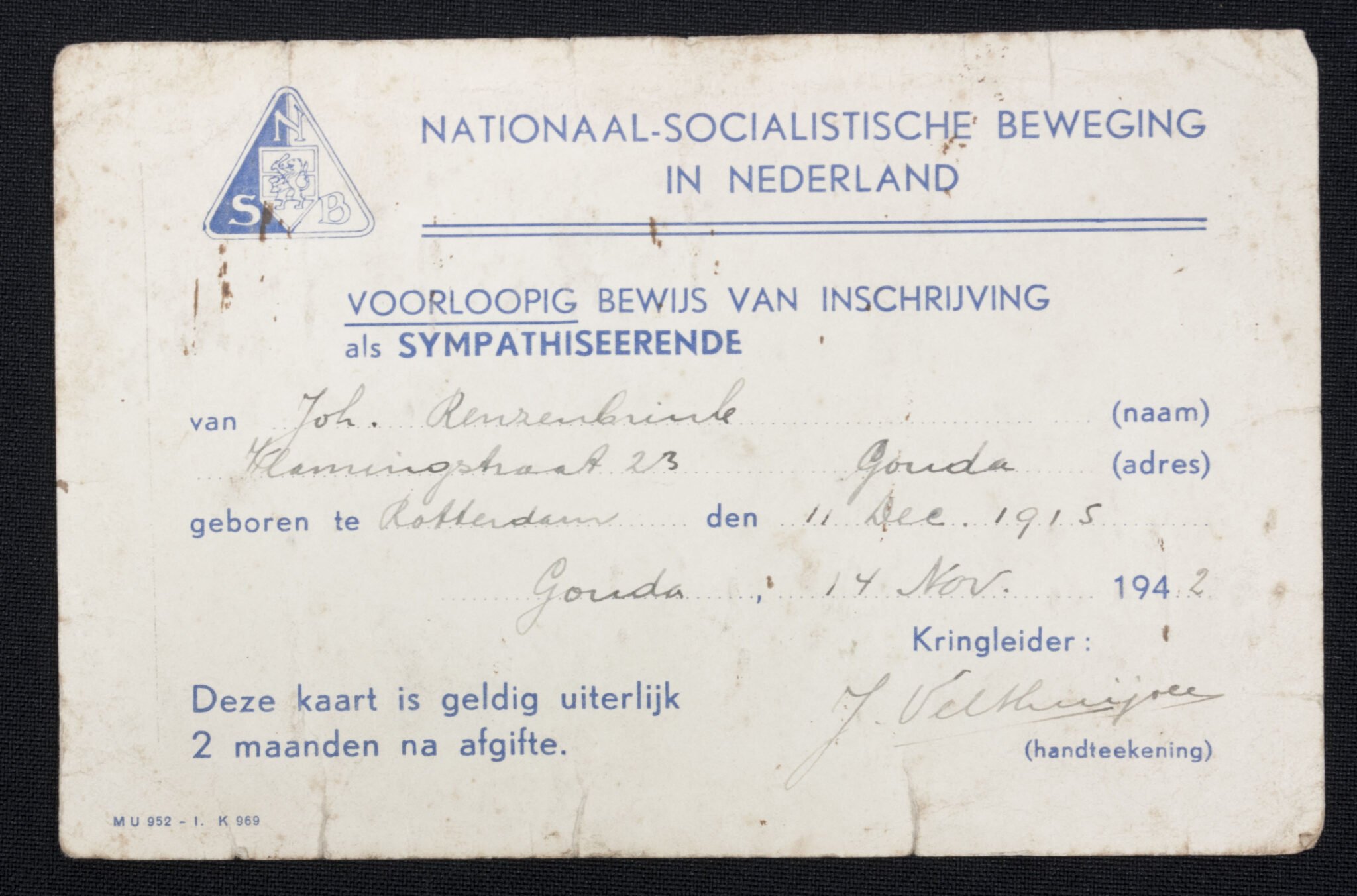 (NSB) Voorloopig bewijs van inschrijving als Sympathiseerende (Sympathisers membercard) (1942) – very rare — image 3