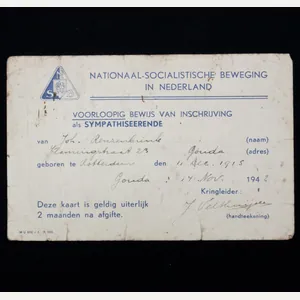 (NSB) Voorloopig bewijs van inschrijving als Sympathiseerende (Sympathisers membercard) (1942) …
