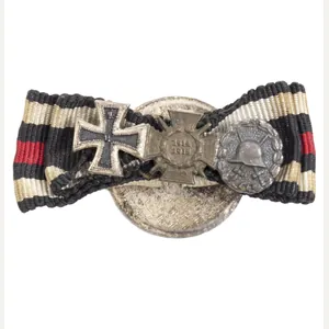 Buttonhole ribbonbar with miniature Iron Cross, Frontkämpfer Ehrenkreuz, silver Woundbadge