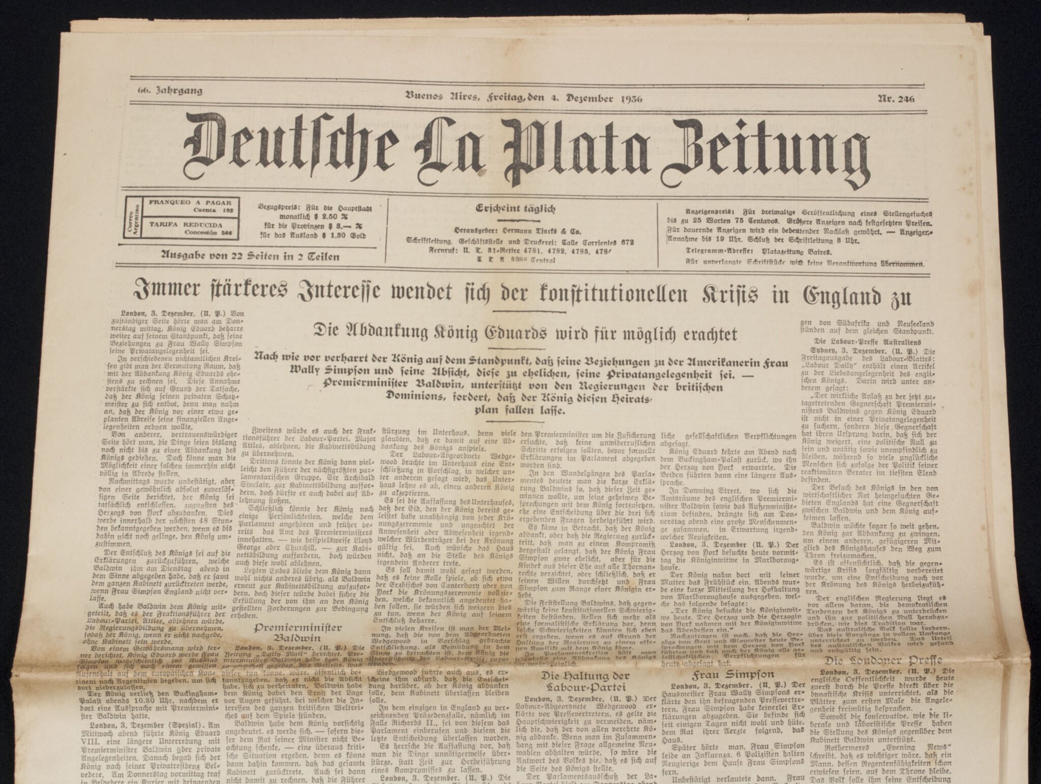 (Newspaper) Argentina – Deutsche La Plate Zeitung 4 Dezember 1936 – VERY RARE — image 2