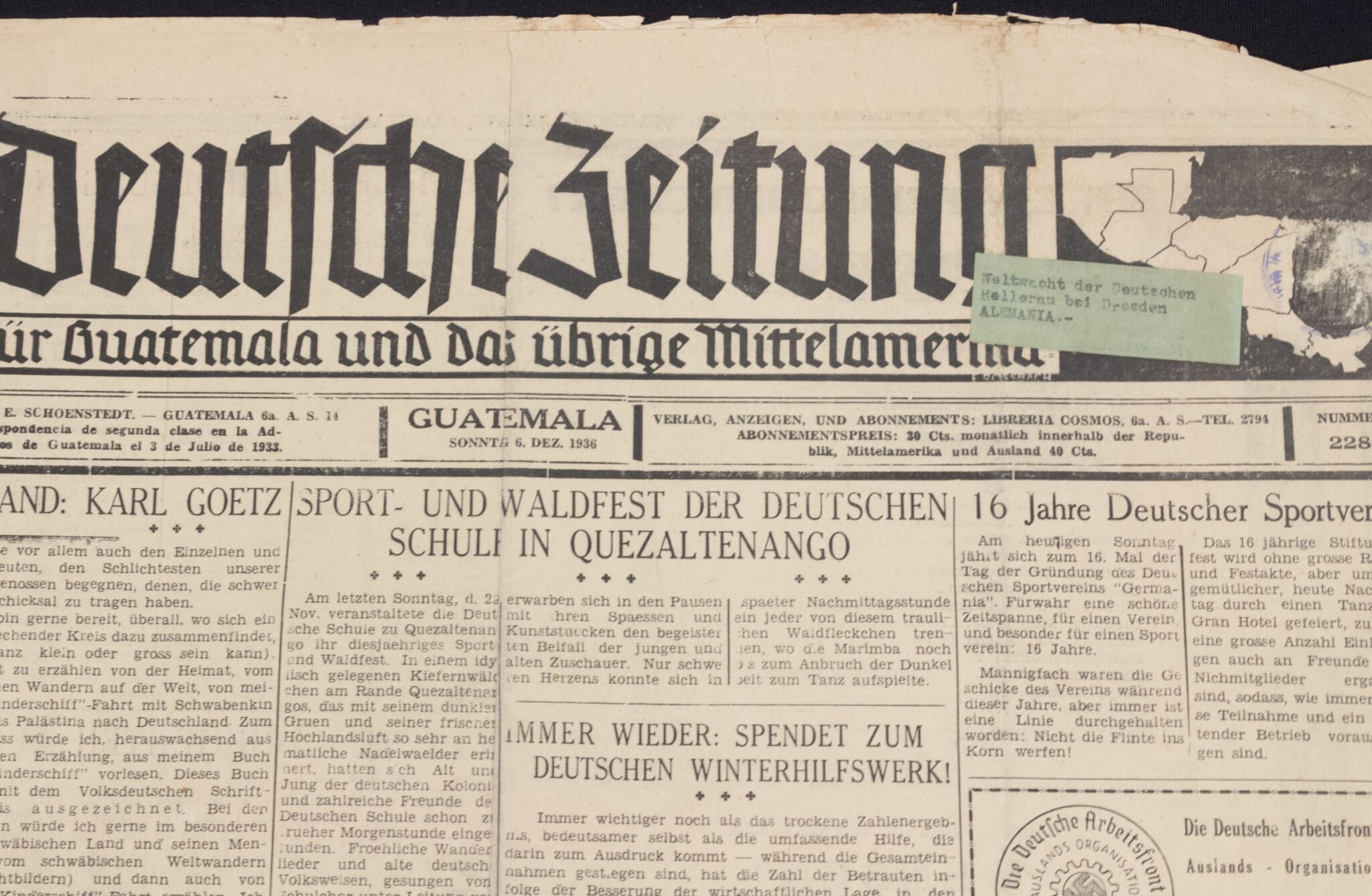 (Newspaper) Deutsche Zeitung für Guatemala und Das übrige Mittelamerika – 6 Dez. 1936 – Very rare — image 3