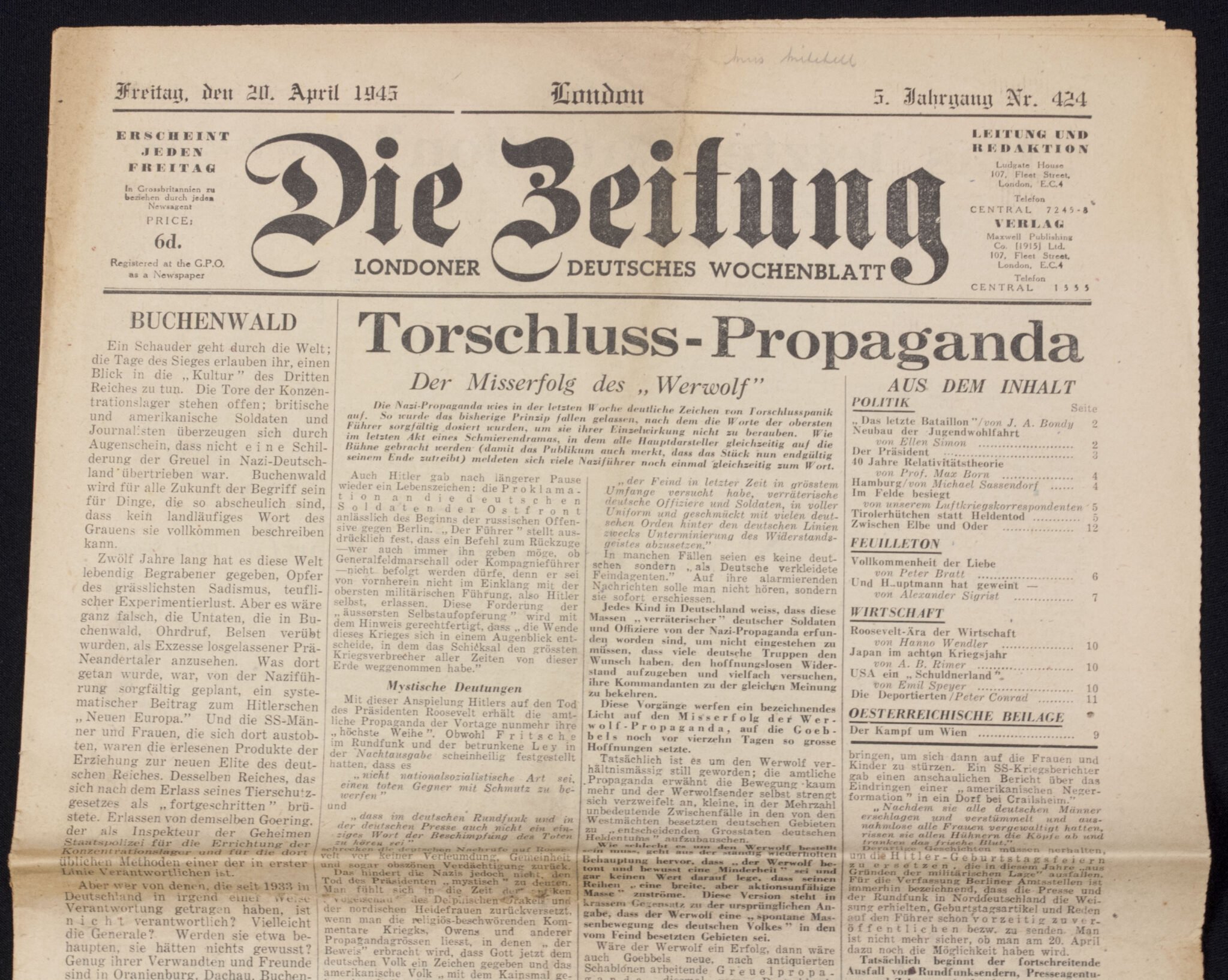(Newspaper) Die Zeitung Londoner Deutsches Wochenblatt 20 April 1945 — image 2