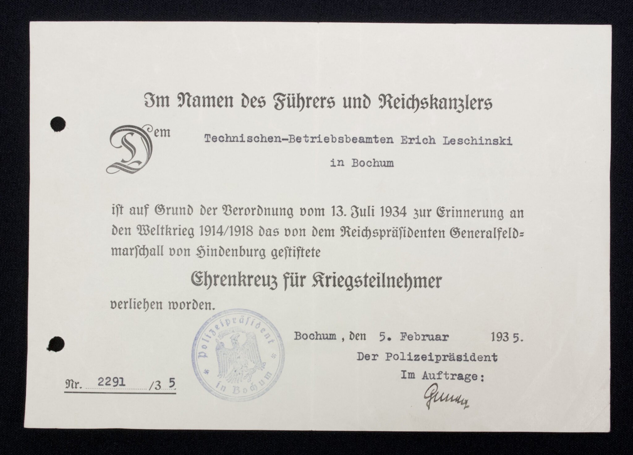 Ehrenkreuz für Frontkämpfer + citation (Bochum) — image 2