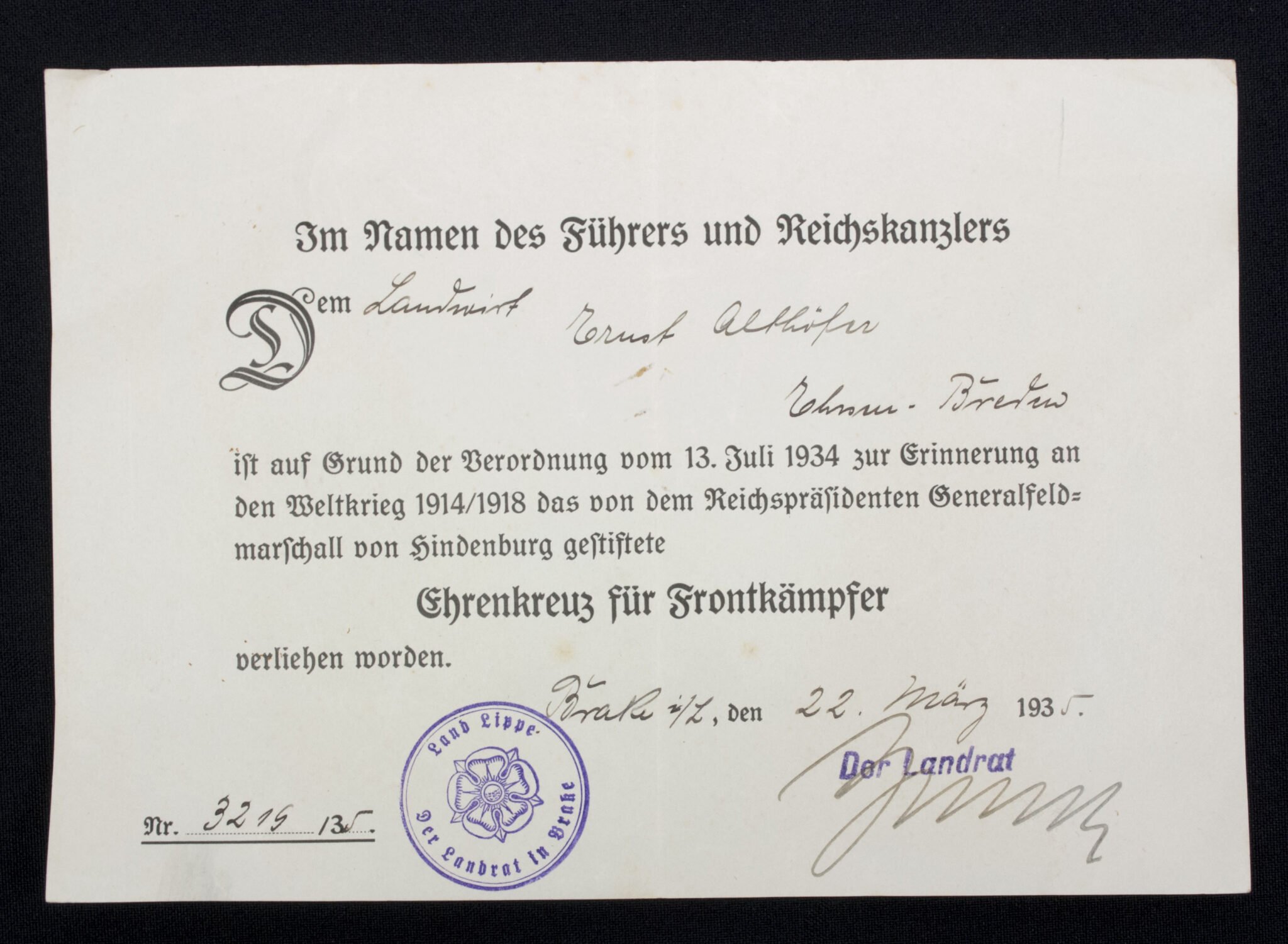 Ehrenkreuz für Frontkämpfer + citation (Land Lippe / Brake) — image 2