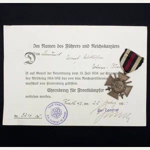 Ehrenkreuz für Frontkämpfer + citation (Land Lippe / Brake)