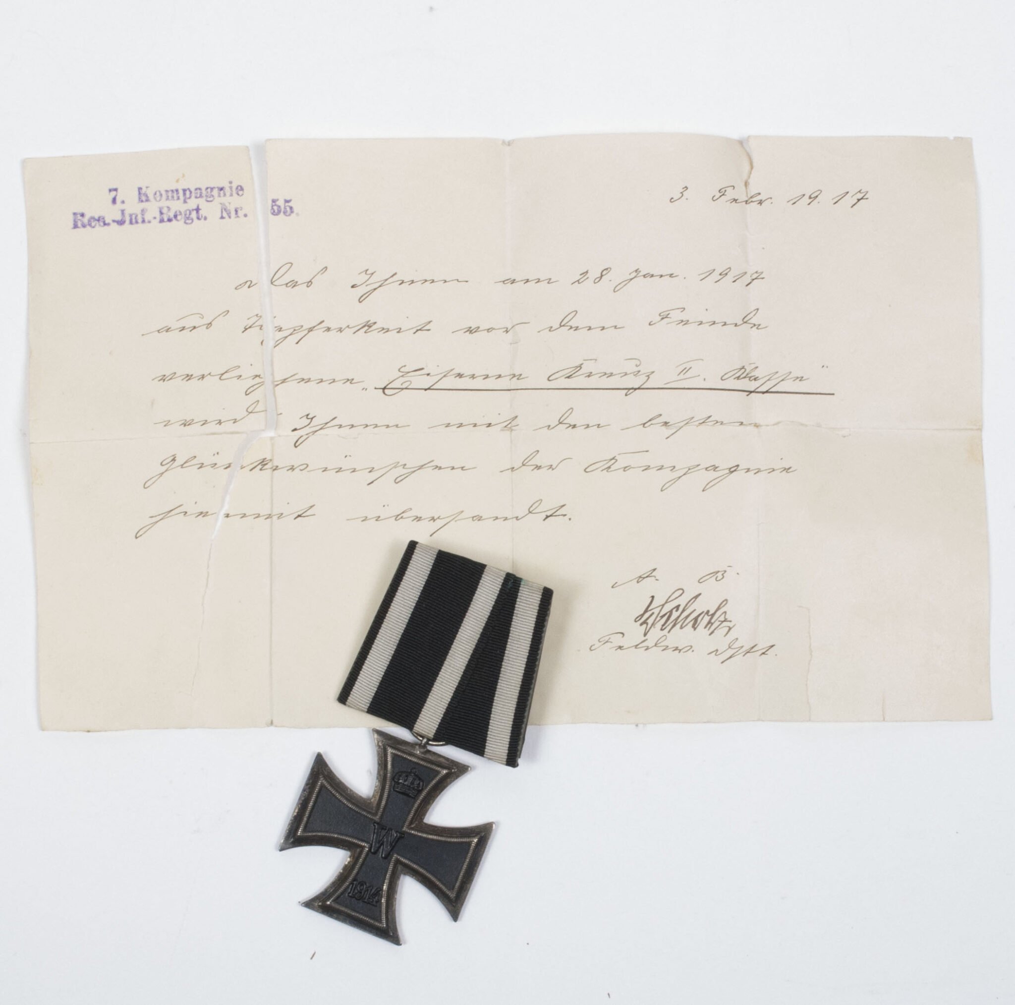 WWI Iron Cross second Class (EK2) Einzelspange / single ribbon + awarding document from 7. Kompagnie Rs-Inf.-Regt. Nr. 55 — image 4