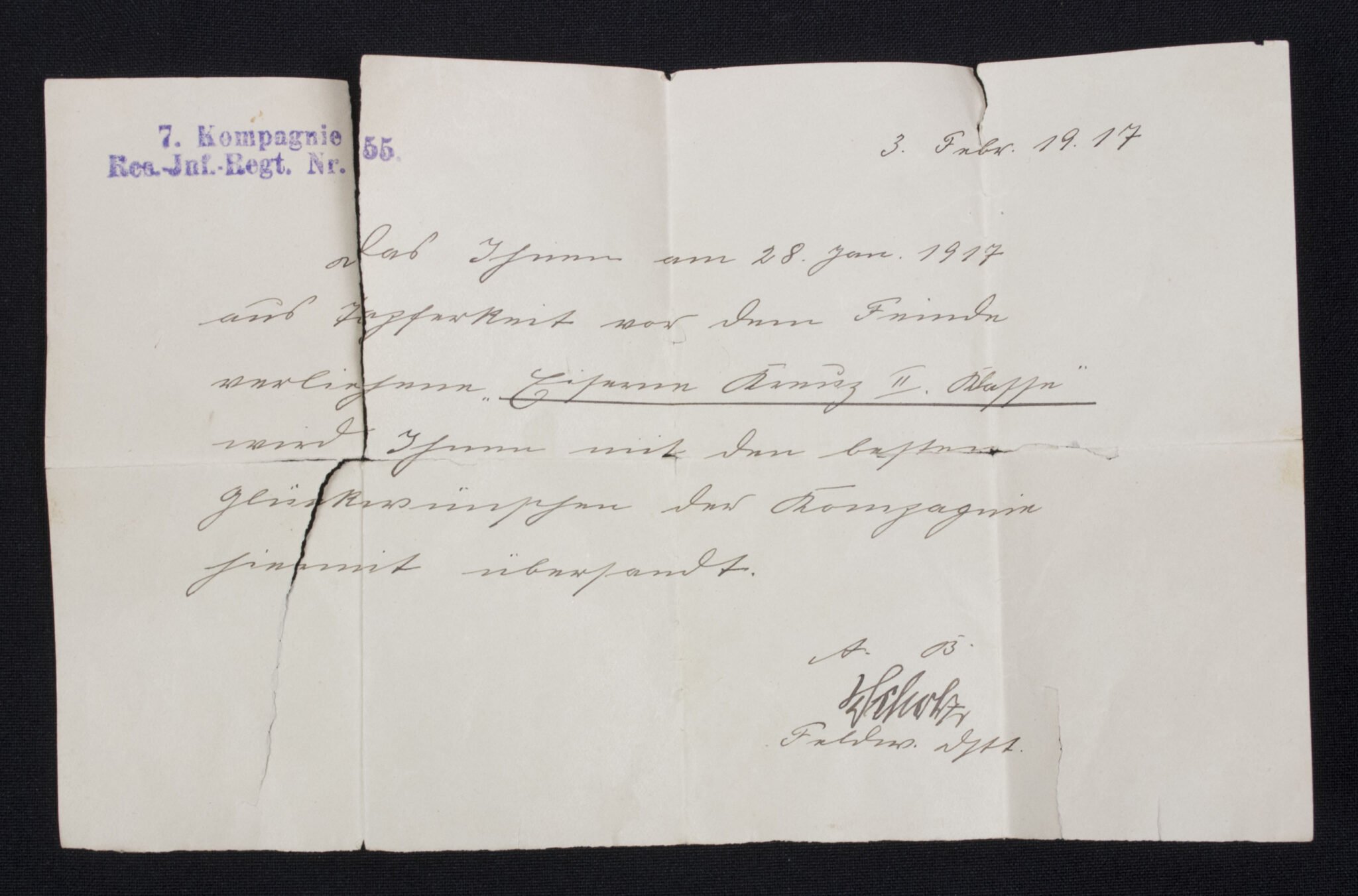 WWI Iron Cross second Class (EK2) Einzelspange / single ribbon + awarding document from 7. Kompagnie Rs-Inf.-Regt. Nr. 55 — image 9