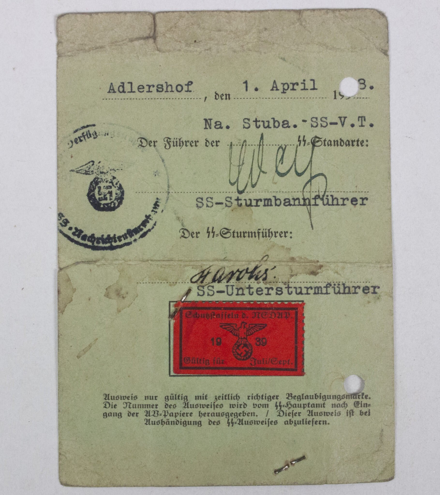 Vorläufiger SS-Ausweis – SS-Na.Stuba Berlin-Adlershof (1938) — image 5