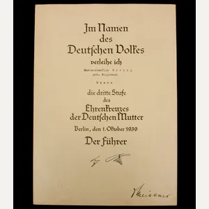 Motherscross / Mutterkreuz urkunde/citation dritte Stufe 1. Oktober 1939