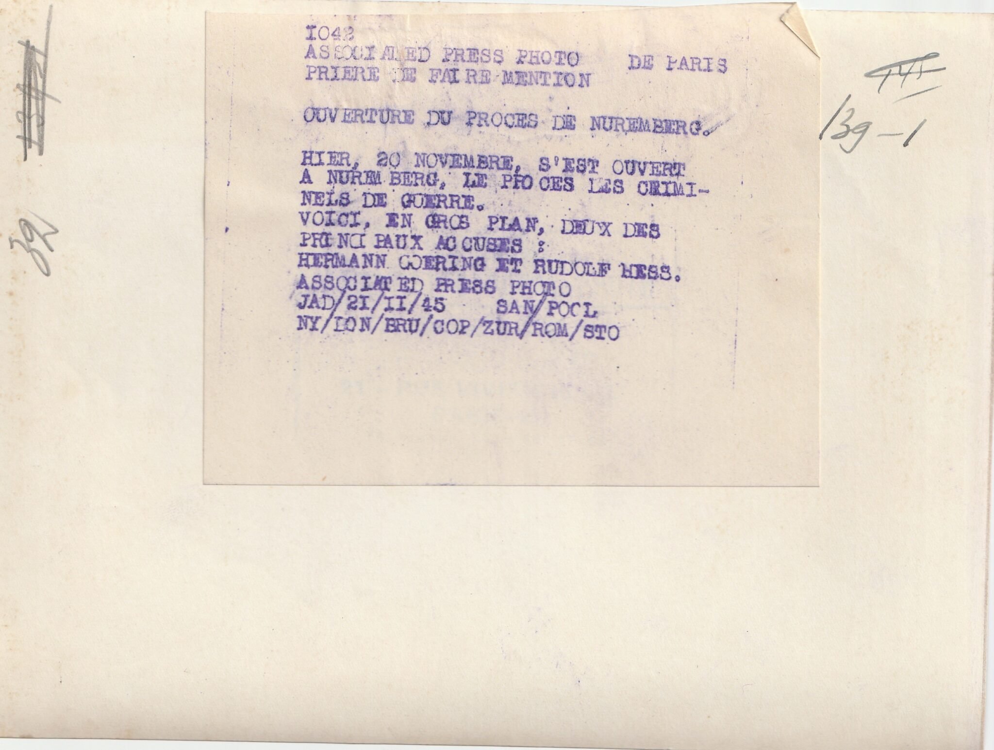 (Pressphoto) Nuremberg Trials – Hermann Goering + Rudolf Hess — image 2