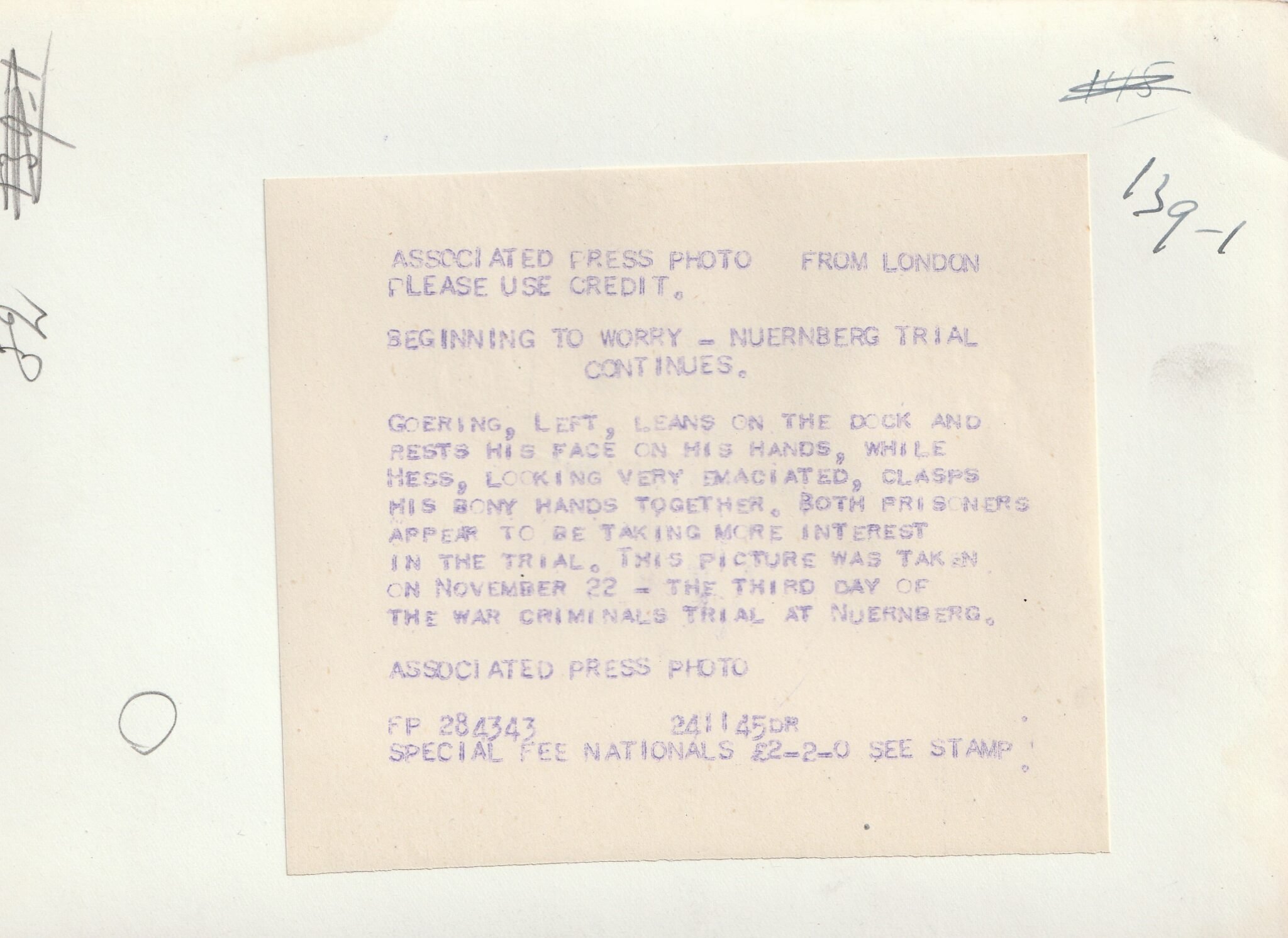 (Pressphoto) Nuremberg Trials – Hermann Goering + Rudolf Hess (2) — image 2