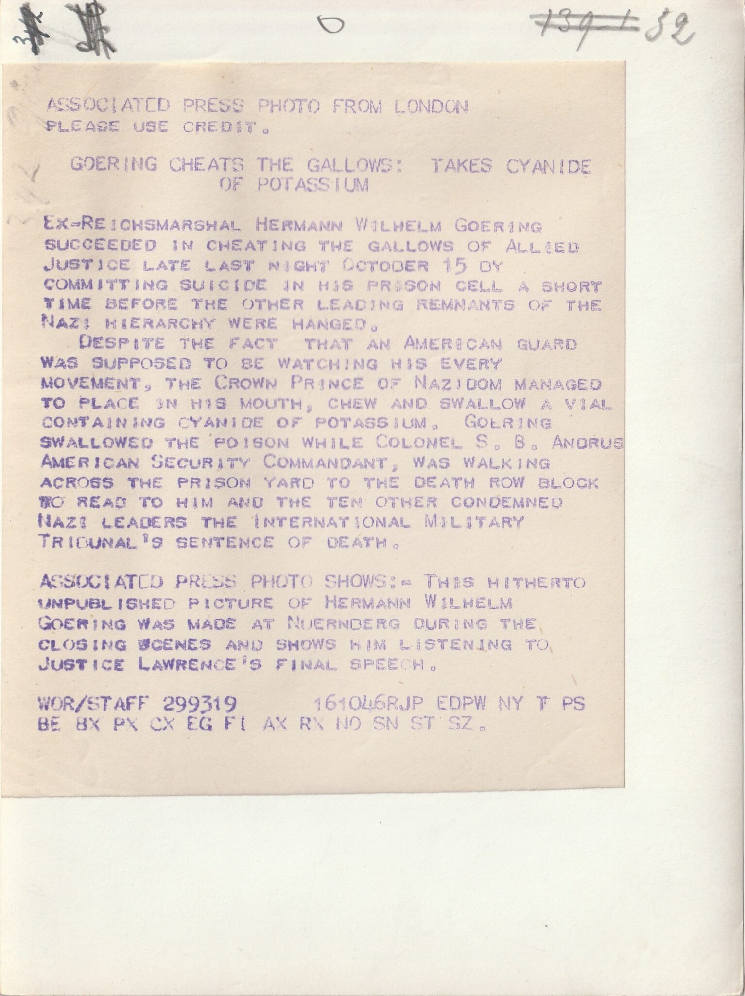 (Pressphoto) Nuremberg Trials – Hermann Goering cheats the gallows: takes cyanide of potassium — image 2