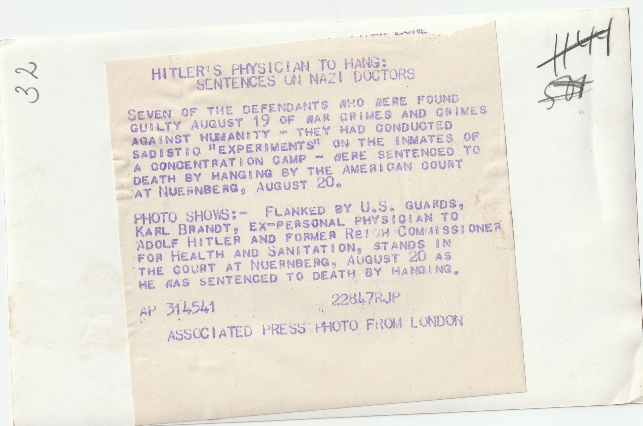 (Pressphoto) Nuremberg Trials – Karl Brand 'Hitler physician to hang' — image 2