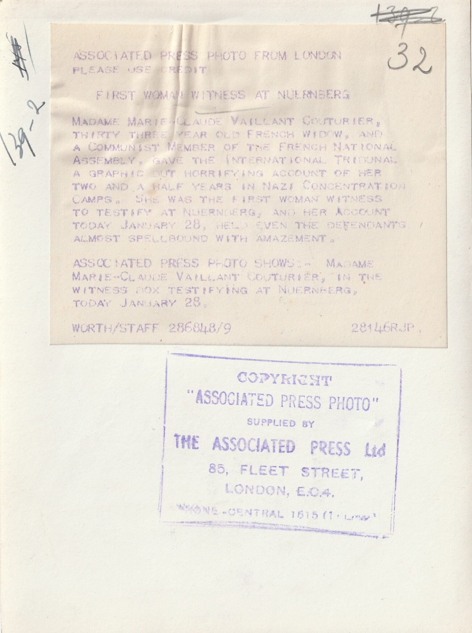 (Pressphoto) Nuremberg Trials – Witness Madame Marie-Claude Vaillant Couterier — image 2