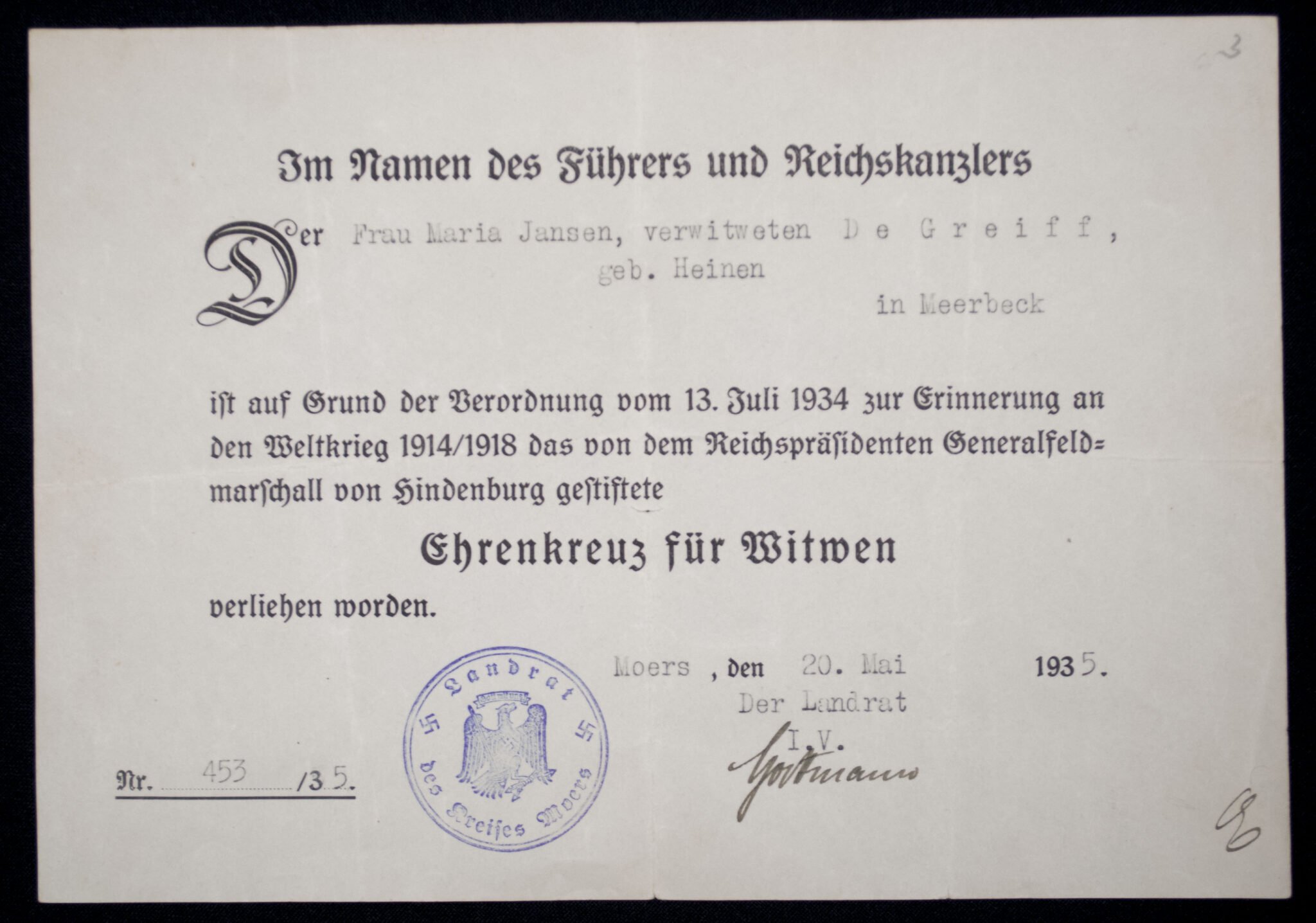 Ehrenkreuz für die hinterbliebenen Witwen und Eltern gefallener Kriegsteilnehmer (Maker 'WS') + citation — image 3