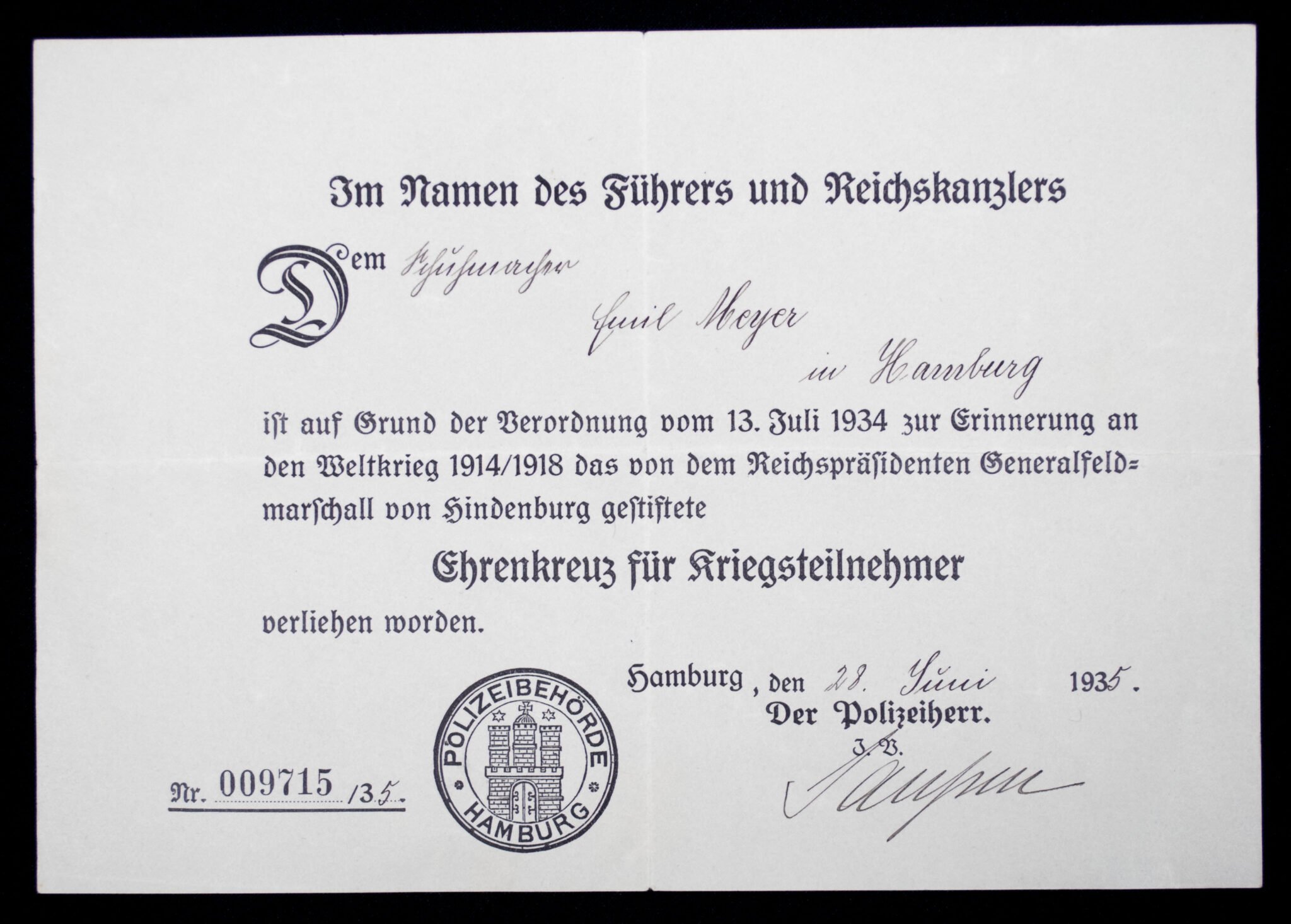 Ehrenkreuz für Kriegsteilnehmer + citation — image 3