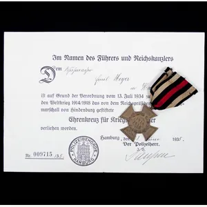 Ehrenkreuz für Kriegsteilnehmer + citation