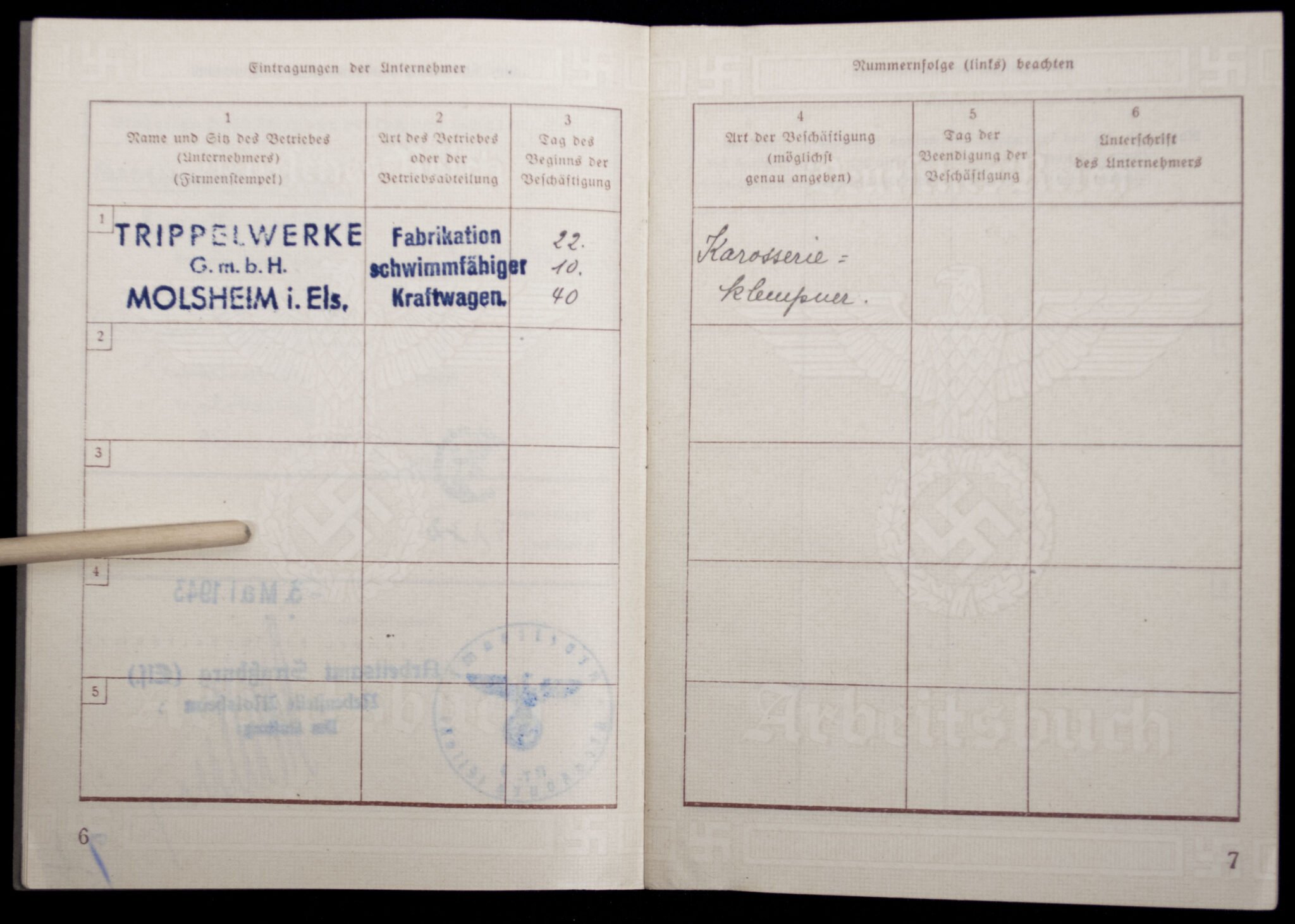 Arbeitsbuch second type from Arbeitsamt Strassburg (with Schwimmwagen factory stamp!) — image 6