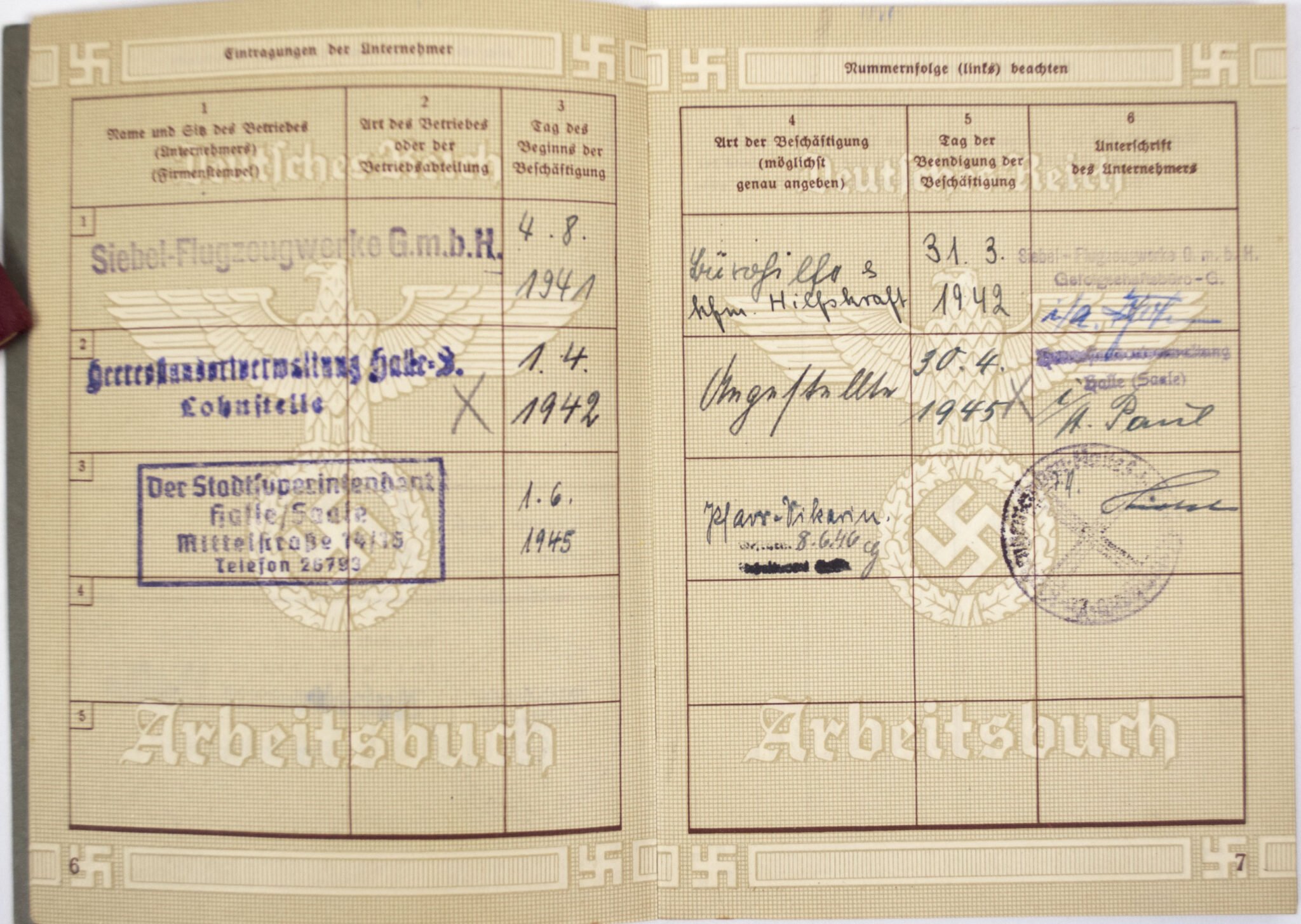 Arbeitsbuch second type Arbeitsamt Halle (with Siebel Flugzeugwerke stamp) — image 8