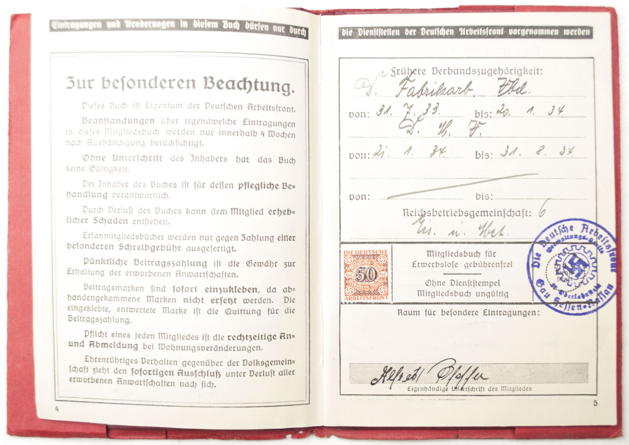 Deutsche Arbeitsfront (DAF) Mitgliedsbuch rare variation with cover + photo's — image 6