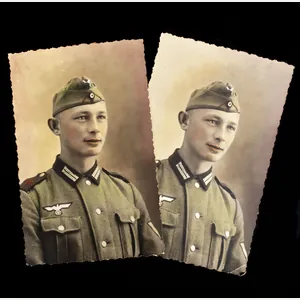 TWO colored postcard sized portraits of a solder from Artillerie …