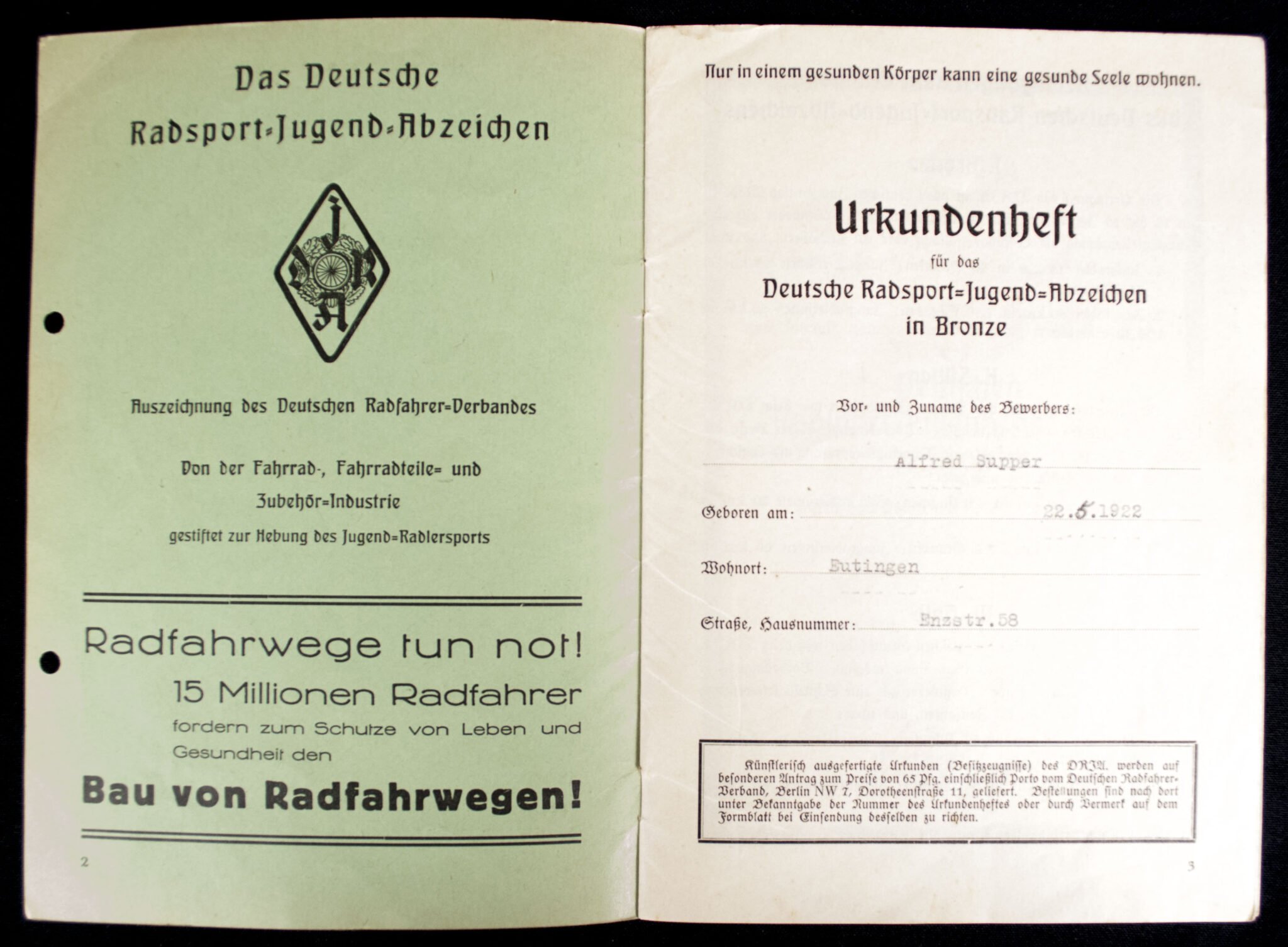 Deutsches Radsport Jugend Abzeichen in Bronze Urkundenheft — image 2