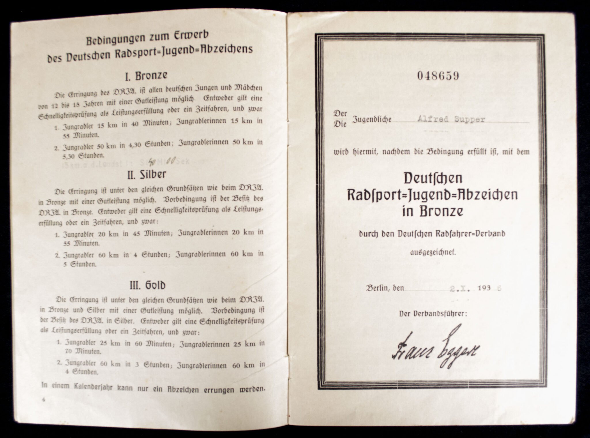 Deutsches Radsport Jugend Abzeichen in Bronze Urkundenheft — image 3