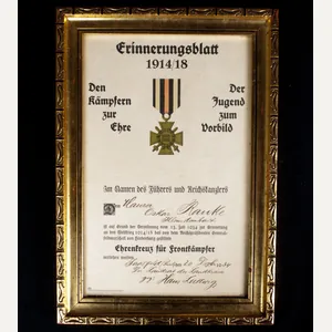 Ehrenkreuz für Frontkämpfer Erinnerungsblatt in original/official frame
