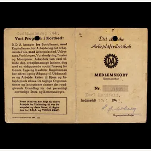 (Denmark) Det danske Arbejdsfællesskab / Dänish Labourfront memberpass (1943)