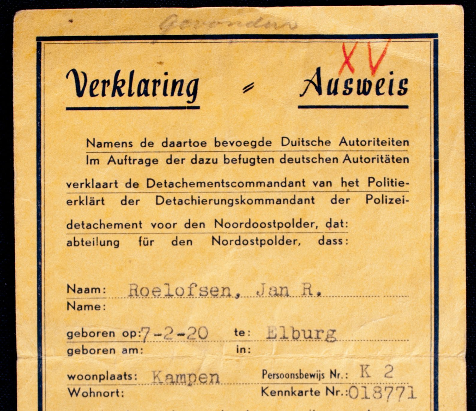 Verklaring – Ausweis: Oponthoud Noordoostpolder 1-12-1944 (Kampen) — image 2
