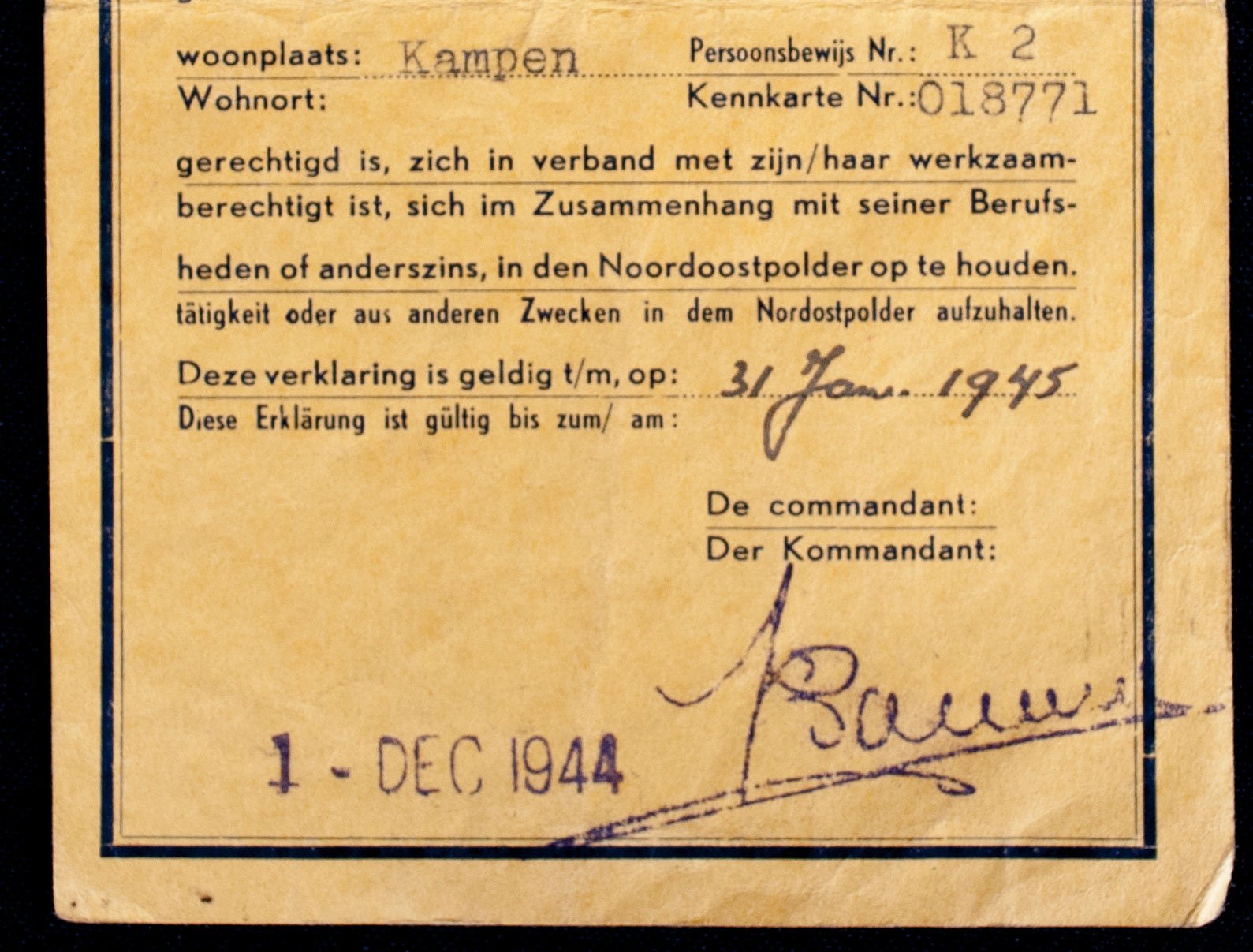 Verklaring – Ausweis: Oponthoud Noordoostpolder 1-12-1944 (Kampen) — image 3