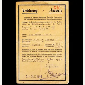 Verklaring – Ausweis: Oponthoud Noordoostpolder 1-12-1944 (Kampen)