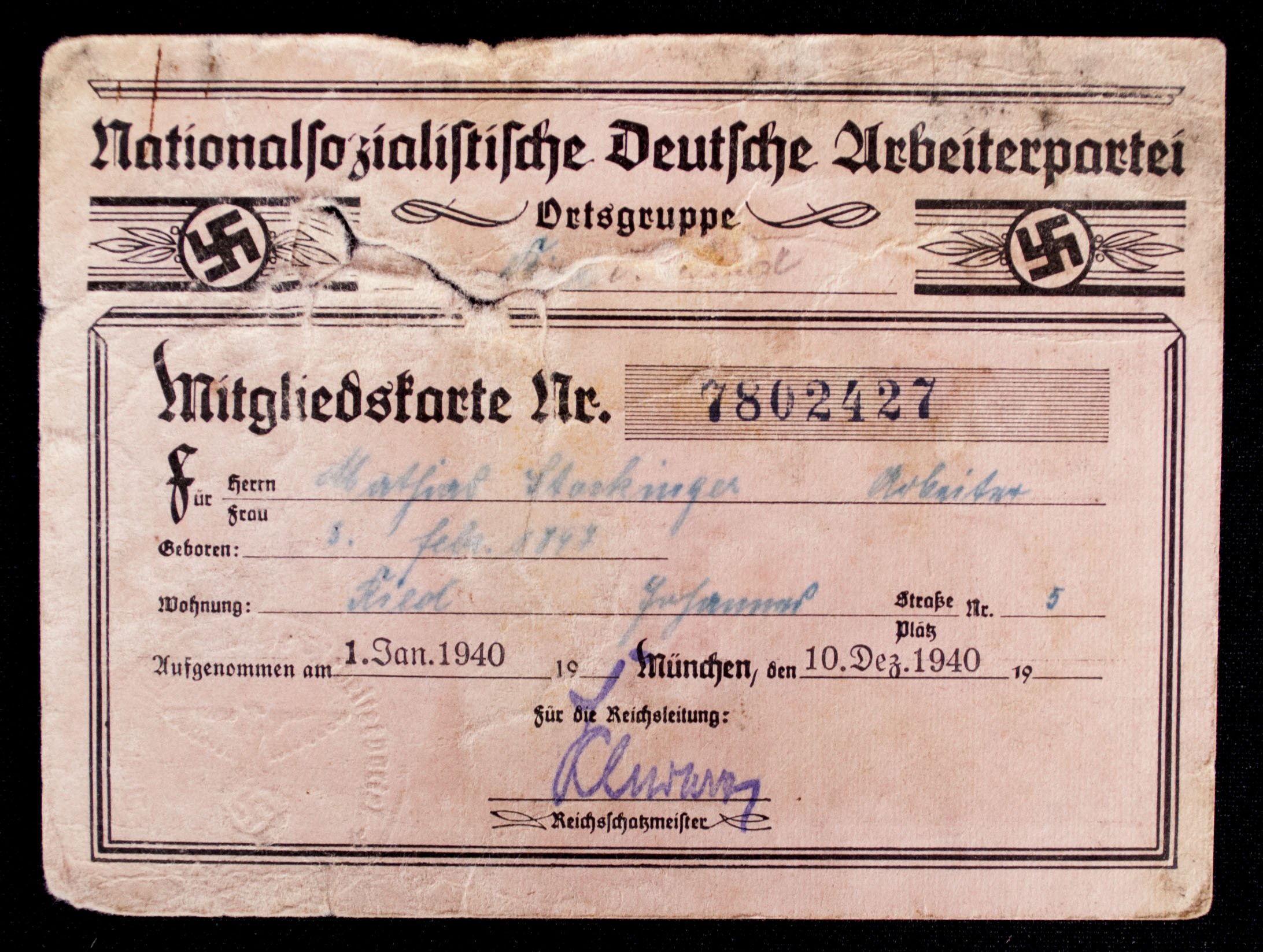 NSDAP Mitgliedskarte 1940 NSDAP membercard (1940) — image 3