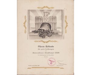 Unteroffizier-Fünfkampf 1938 Ehren-Urkunde