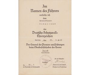 Deutsche Schutzwall Award Document (Festung-Pionier)
