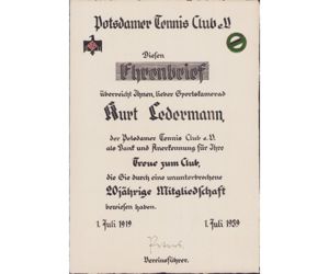 Ehrenbrief Postdammer Tennis Club 1939