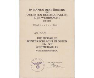 Gren.Ers.Rgt.527 Ostmedaille Award Document