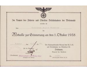 Schtz.Rgt.1 Anschluss 1.Okt.1938 Award Document