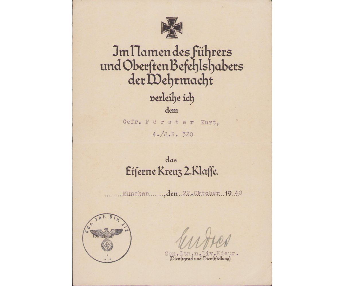 3-Piece 4.M.G./Inf.Rgt.320 Award Document Grouping — image 2