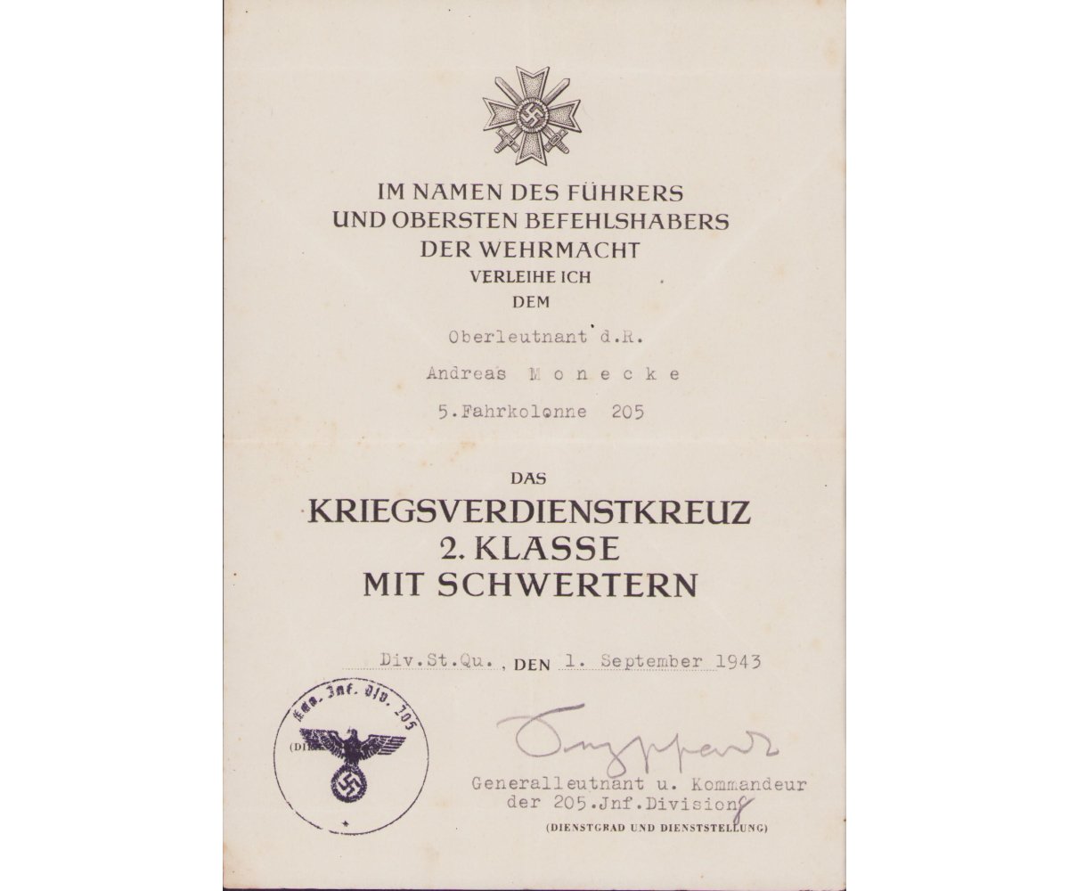 Oblt.d.Res. Fahrkol.205 KVKII Award Document — image 2