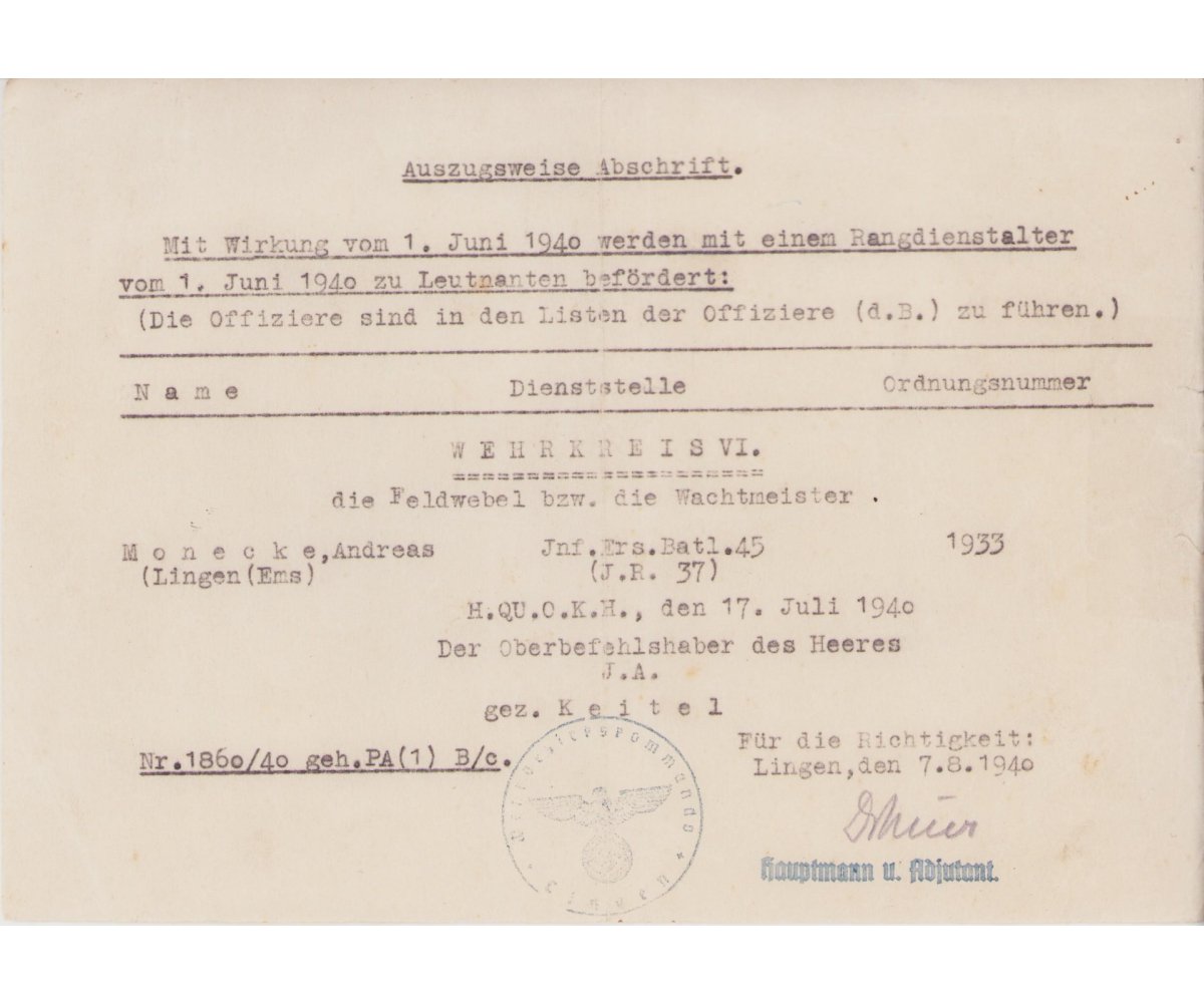 Oblt.d.Res. Fahrkol.205 KVKII Award Document — image 4