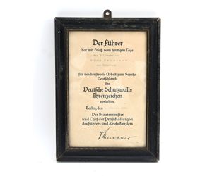 Framed Schutzwall-Ehrenzeichen Award Document