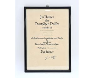 Framed Goldene Treudienst-Ehrenzeichen Award Document
