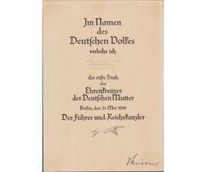 Mutter Kreuz in Gold Award Document