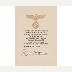 Gren.Rgt.332 'Heldentod' Urkunde (San.Gefr.)