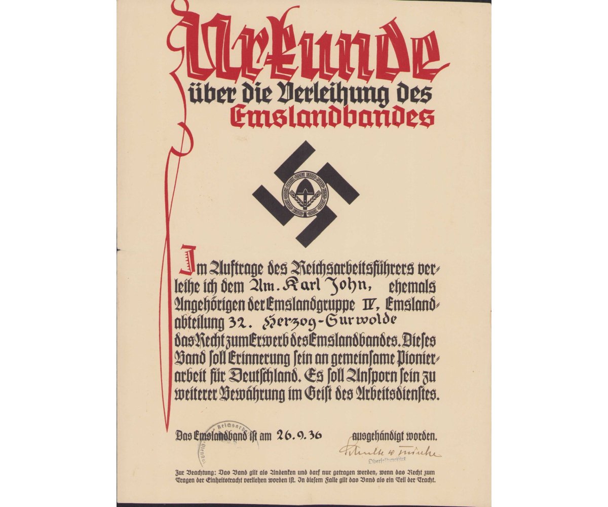 Rare 2-Piece Emlandbandes Award Document — image 2