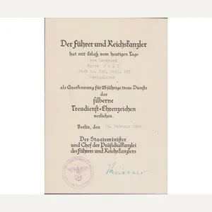 Inf.Btl.255 Treudienst-Ehrenzeichen Award Document