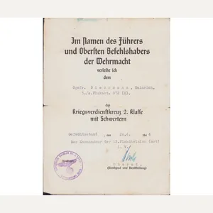 Flak Eisenbahn KVK2 Award Document